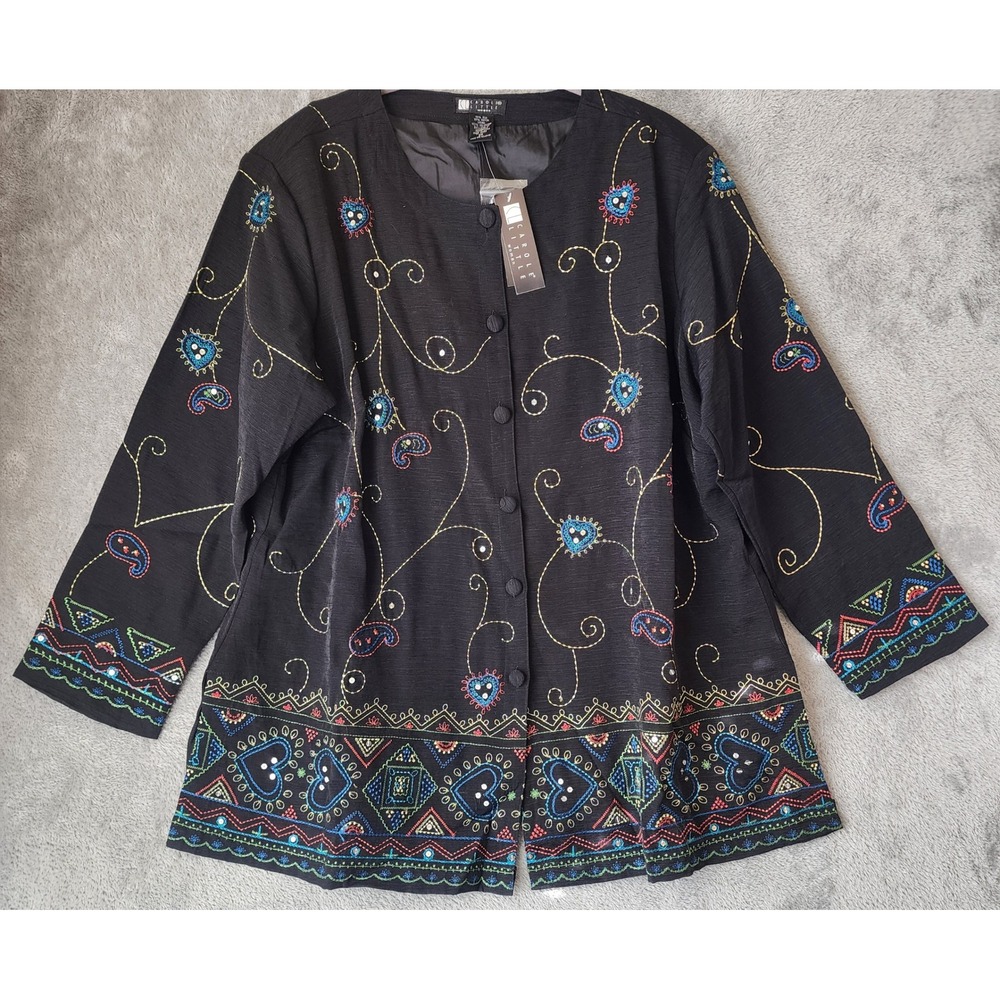 Carole Little Jacket Women 2X Black Silk Blend Embroidered Sequin Art To Wear